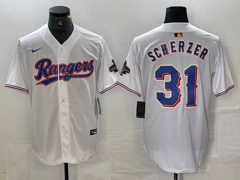 Mens Texas Rangers #31 Max Scherzer White 2023 World Series Champions Cool Base Jersey